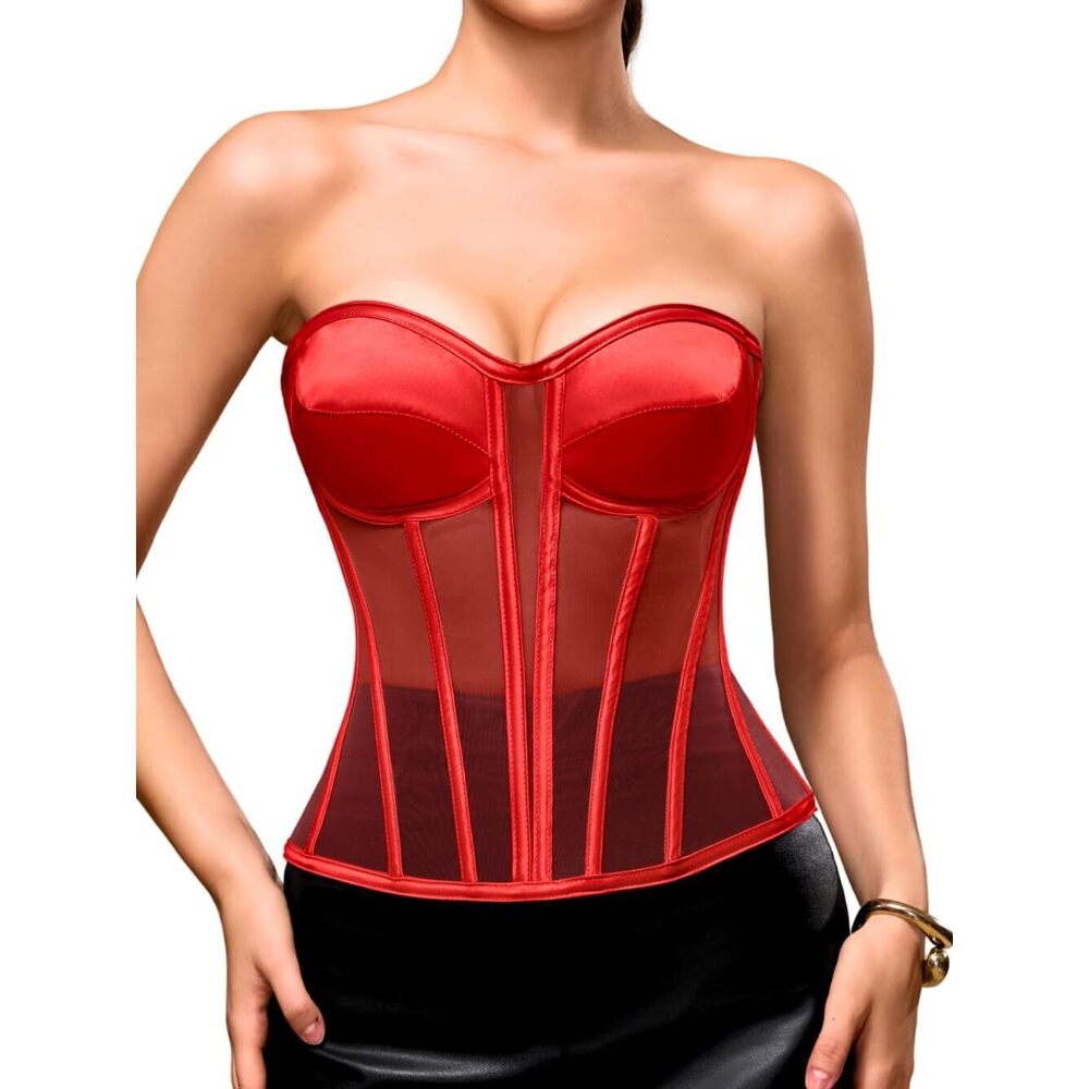 5241 Sheer Mesh Corset Top,Overbust Satin Longline Strapless Bra,Backless
